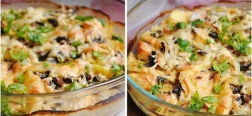 Картофельный гратен с курицей и грибами